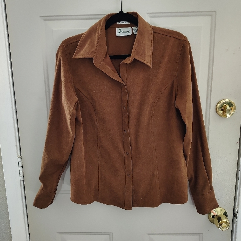 Joanna Vintage Womens Tan Snap Suede Shirt Small